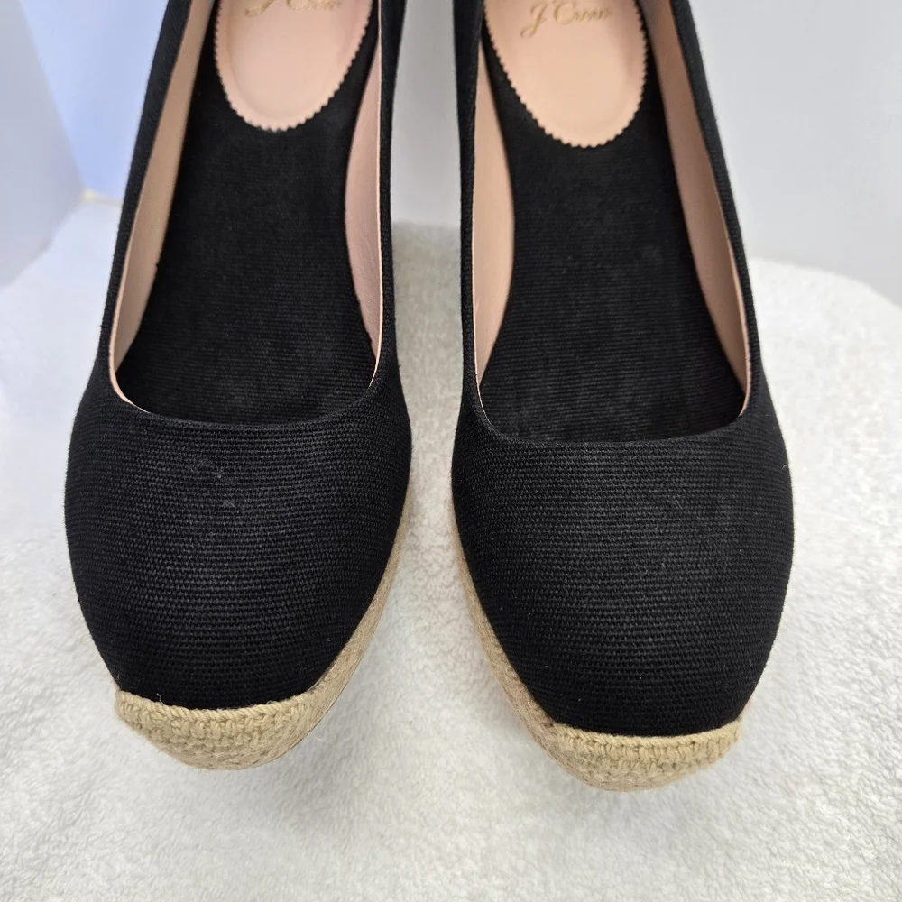 J. Crew Seville Espadrille Wedges Black Round Cap Toe Size 9 Platform Canvas